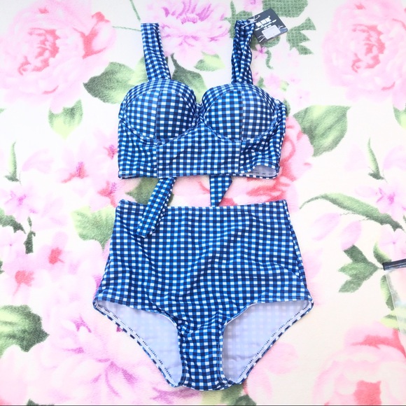 NEW Blue/White Gingham Push-Up High Waist Two Piece Bikini - Picture 6 of 7
